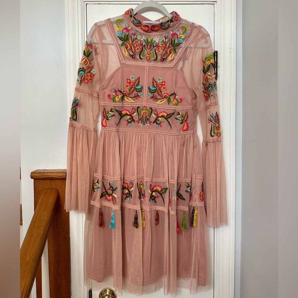 Frock And Frill Tall Folk Embroidered Tassel Skater Dress - Nude / US 6